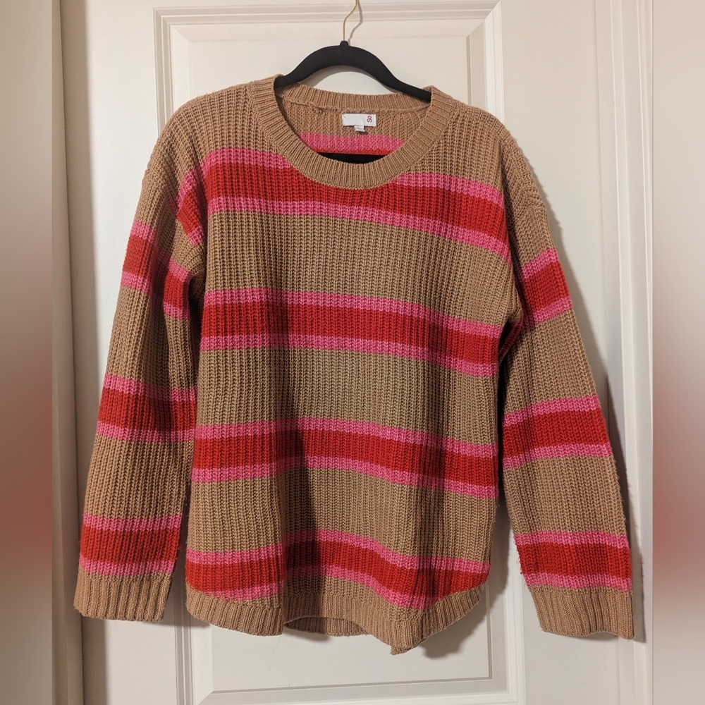 SO Pink, red and camel striped crew neck sweater